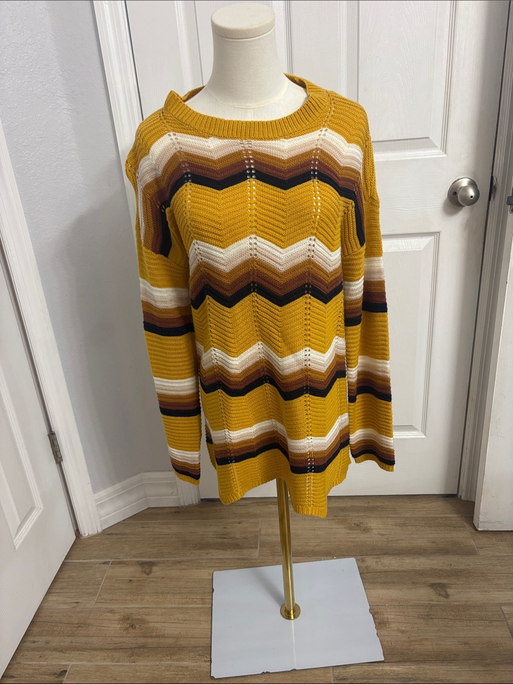 Women's Mustard Stripe Chevron Knit Sweater